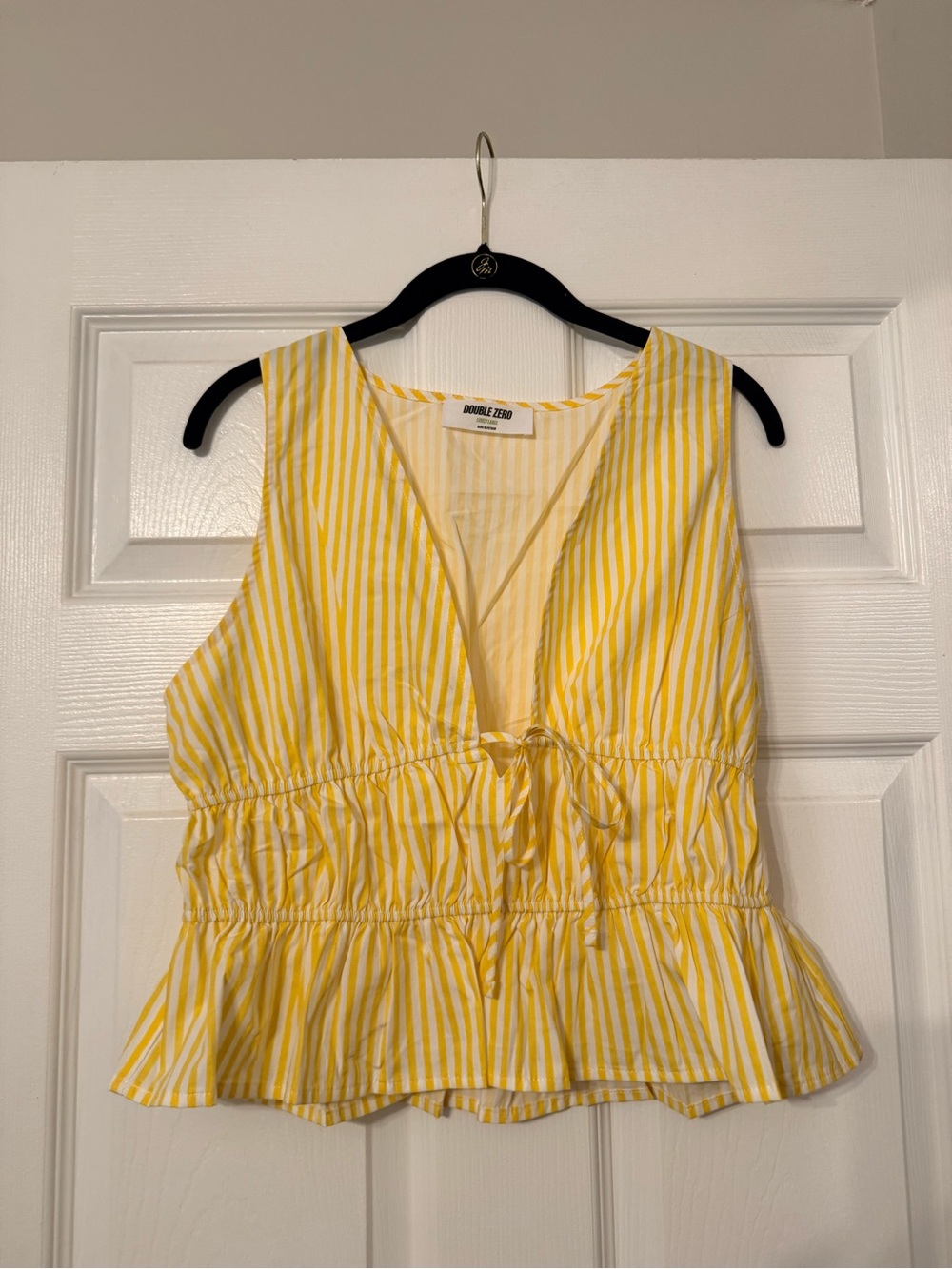 Double Zero Yellow and White Striped Tie-Front Peplum Tank